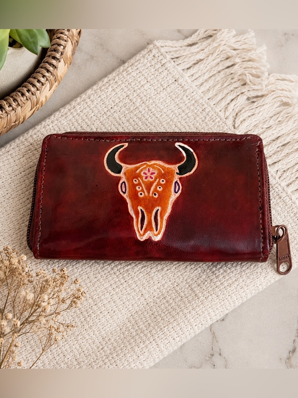 Boho Western Bull Skull Zip Around Wallet